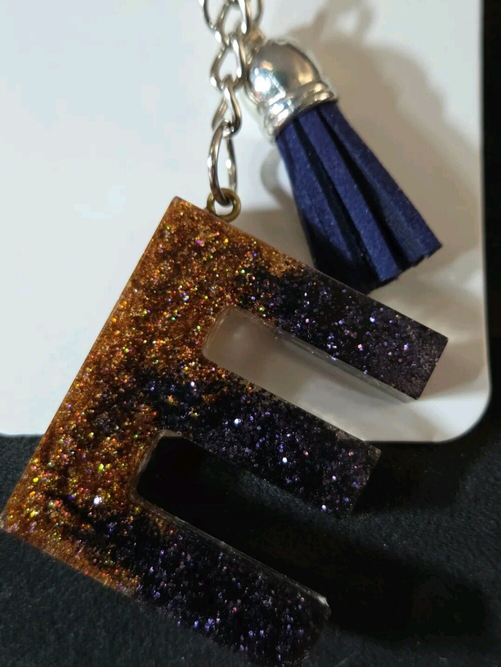 Glitter Letter E Resin Keychain with Navy Tassel